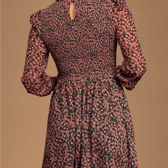Lulus Floral Forever Green Pink Smocked Mini Dress sz Small - Picture 12 of 12